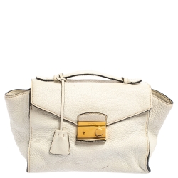 Prada Vitello Daino with Metal Top Handle Shoulder Bag White