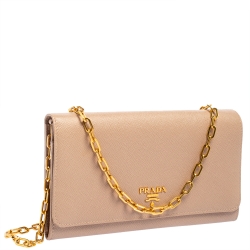 مملوكة مسبقًا Prada Beige Saffiano Metal Leather Wallet on Chain