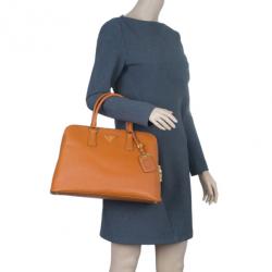 Pre Owned Prada Orange Saffiano Small Double-Handle Trapezoid Tote