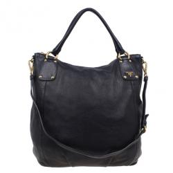 Pre Owned Prada Black Leather Cervo Shine Shoulder Bag