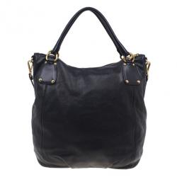 Pre Owned Prada Black Leather Cervo Shine Shoulder Bag