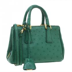 Pre Owned Prada Green Ostrich Leather Mini Double Zip Crossbody Bag