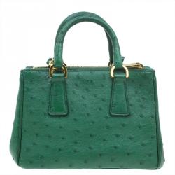 Pre Owned Prada Green Ostrich Leather Mini Double Zip Crossbody Bag