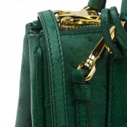 Pre Owned Prada Green Ostrich Leather Mini Double Zip Crossbody Bag