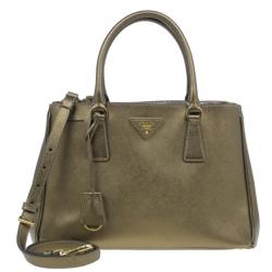 Pre Owned Prada Bronze Saffiano Lux Leather Small Double Zip Tote