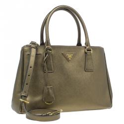 Pre Owned Prada Bronze Saffiano Lux Leather Small Double Zip Tote
