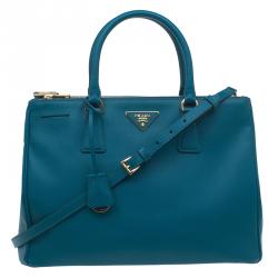 Pre Owned Prada Teal Green Saffiano Lux Leather Medium Double Zip Tote
