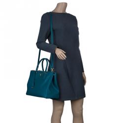 Pre Owned Prada Teal Green Saffiano Lux Leather Medium Double Zip Tote