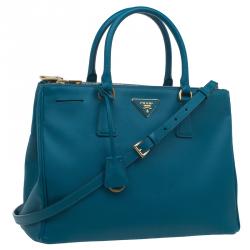 Pre Owned Prada Teal Green Saffiano Lux Leather Medium Double Zip Tote