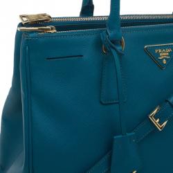 Pre Owned Prada Teal Green Saffiano Lux Leather Medium Double Zip Tote