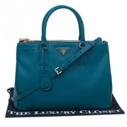Pre Owned Prada Teal Green Saffiano Lux Leather Medium Double Zip Tote