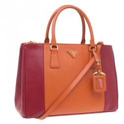 Pre Owned Prada Orange/Red Saffiano Lux Leather Medium Double Zip Tote