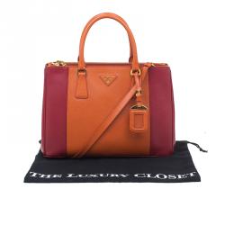 Pre Owned Prada Orange/Red Saffiano Lux Leather Medium Double Zip Tote