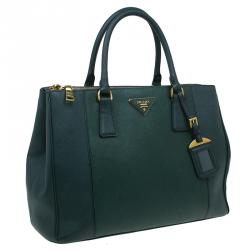 Pre Owned Prada Green Two Tone Saffiano Lux Leather Medium Double Zip Tote