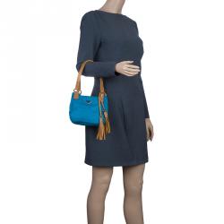 مملوكة مسبقًا حقيبة يد برادا تيسوتو فيتيلو شراشيب جلد أزرق سماوي 