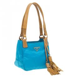 مملوكة مسبقًا حقيبة يد برادا تيسوتو فيتيلو شراشيب جلد أزرق سماوي 