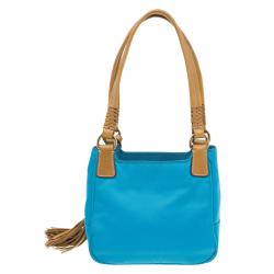 مملوكة مسبقًا حقيبة يد برادا تيسوتو فيتيلو شراشيب جلد أزرق سماوي 