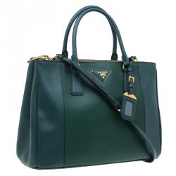 Pre Owned Prada Green Bicolor Saffiano Lux Leather Medium Double Zip Tote