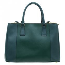 Pre Owned Prada Green Bicolor Saffiano Lux Leather Medium Double Zip Tote