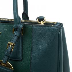 Pre Owned Prada Green Bicolor Saffiano Lux Leather Medium Double Zip Tote