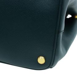 Pre Owned Prada Green Bicolor Saffiano Lux Leather Medium Double Zip Tote