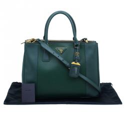 Pre Owned Prada Green Bicolor Saffiano Lux Leather Medium Double Zip Tote