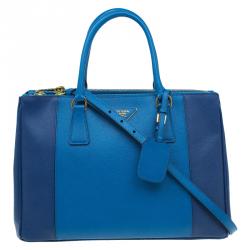 Pre Owned Prada Blue Bicolor Saffiano Lux Leather Medium Double Zip Tote
