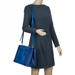 Pre Owned Prada Blue Bicolor Saffiano Lux Leather Medium Double Zip Tote