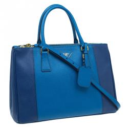 Pre Owned Prada Blue Bicolor Saffiano Lux Leather Medium Double Zip Tote