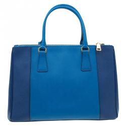 Pre Owned Prada Blue Bicolor Saffiano Lux Leather Medium Double Zip Tote