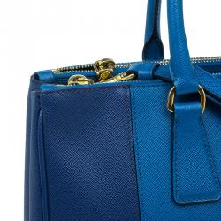 Pre Owned Prada Blue Bicolor Saffiano Lux Leather Medium Double Zip Tote