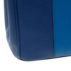 Pre Owned Prada Blue Bicolor Saffiano Lux Leather Medium Double Zip Tote