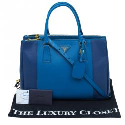 Pre Owned Prada Blue Bicolor Saffiano Lux Leather Medium Double Zip Tote