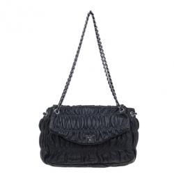 Pre Owned Prada Black Ruched Nappa Leather Chain Detail Shoulder Bag
