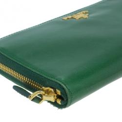 Pre Owned Prada Green Leather Zip Around Continental Wallet