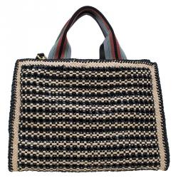 Pre Owned Prada Beige/Black Woven Goatskin Leather Madras Tote