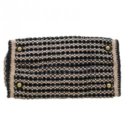 Pre Owned Prada Beige/Black Woven Goatskin Leather Madras Tote