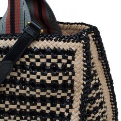 Pre Owned Prada Beige/Black Woven Goatskin Leather Madras Tote