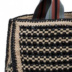Pre Owned Prada Beige/Black Woven Goatskin Leather Madras Tote