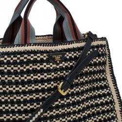 Pre Owned Prada Beige/Black Woven Goatskin Leather Madras Tote