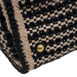 Pre Owned Prada Beige/Black Woven Goatskin Leather Madras Tote