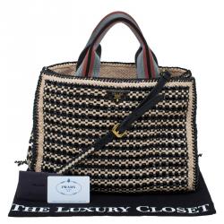 Pre Owned Prada Beige/Black Woven Goatskin Leather Madras Tote