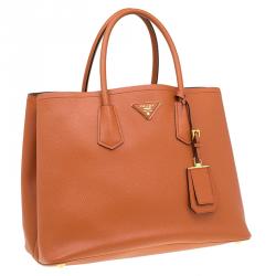 Pre Owned Prada Orange Saffiano Leather Double Handle Tote 