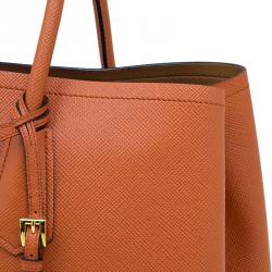 Pre Owned Prada Orange Saffiano Leather Double Handle Tote 