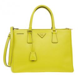 Pre Owned Prada Yellow Saffiano Small Double Zip Top Handle Tote