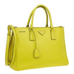 Pre Owned Prada Yellow Saffiano Small Double Zip Top Handle Tote