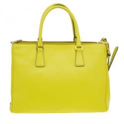Pre Owned Prada Yellow Saffiano Small Double Zip Top Handle Tote