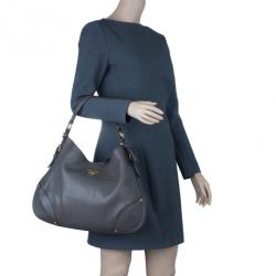 Pre Owned Prada Grey Vitello Daino Snap Hobo