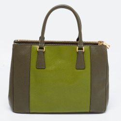 Pre Owned Prada Two Tone Green Saffiano Lux Leather Medium Double Zip Tote
