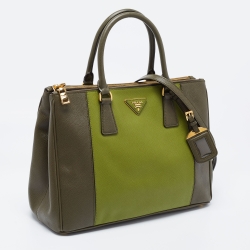 Pre Owned Prada Two Tone Green Saffiano Lux Leather Medium Double Zip Tote